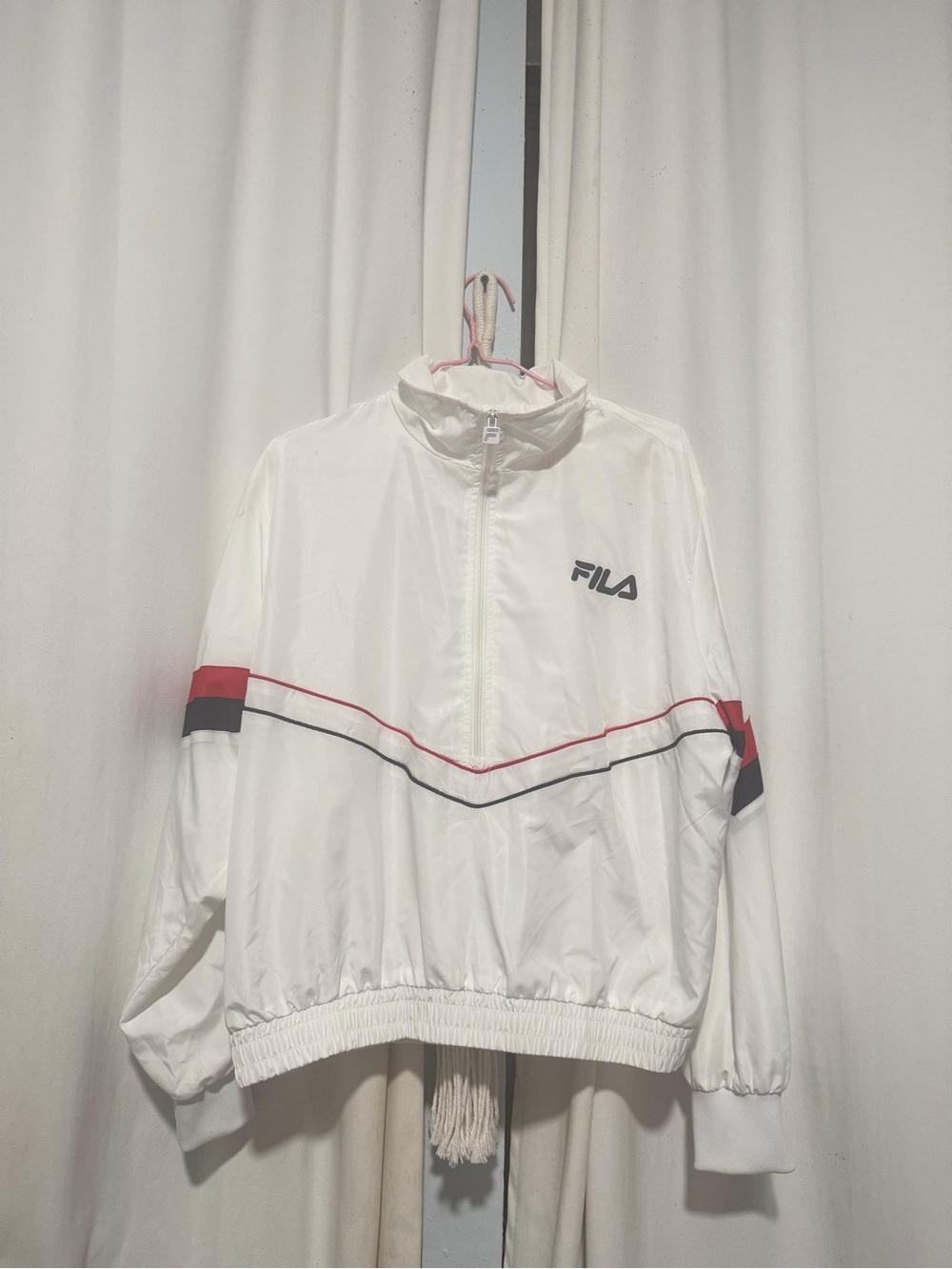 Fila White Bomber Jacket with Red and Black Chevron Stripes